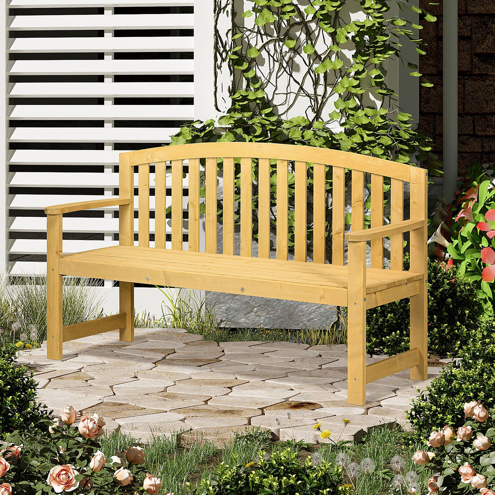 2 Seater Wooden Garden Bench with Armrest, Outdoor Furniture Chair for Park, Balcony, Orange
