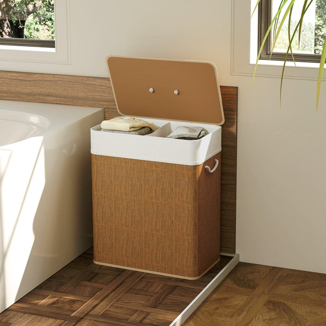Double Laundry Basket with Lid, 100L Bamboo Laundry Hamper with Rope Handles, Washing Basket with Removable Liner for Bathroom, Bedroom, Brown
