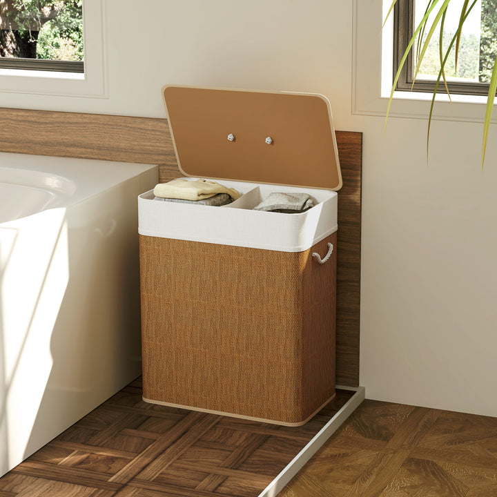 Double Laundry Basket with Lid, 100L Bamboo Laundry Hamper with Rope Handles, Washing Basket with Removable Liner for Bathroom, Bedroom, Brown