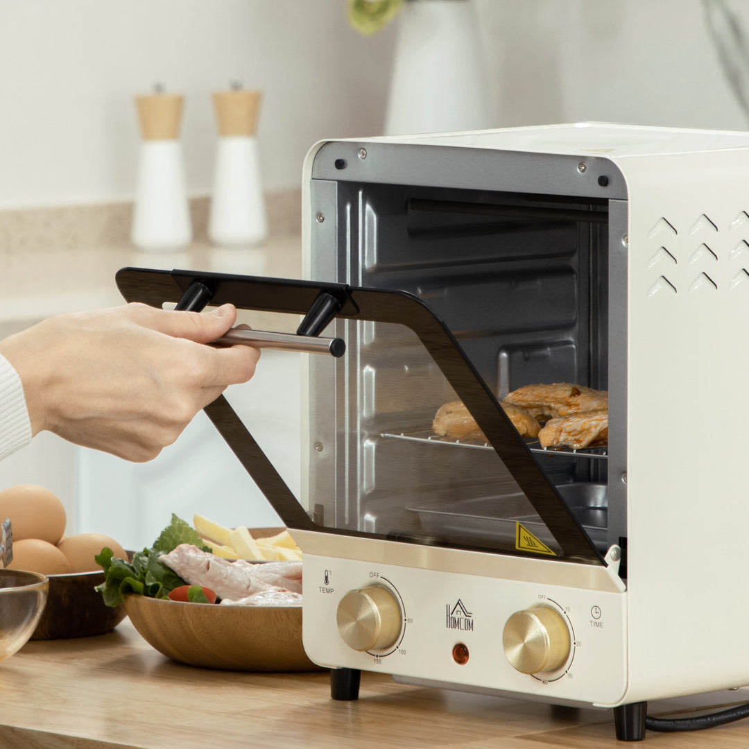 Mini Oven, 15 Litres Electric Oven and Grill with 60-230℃ Adjustable Temperature, 60 Minute Timer, Include Baking Tray, Wire Rack and Crumb Tray, 1000W, Cream White