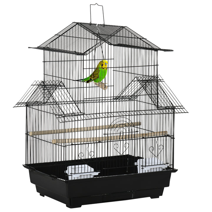 PawHut Metal Bird Cage, Portable with Swing Perch & Food Tray for Finch, Canary, Budgie, 50.5x40x63cm, Black | Aosom UK