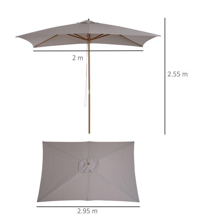 2 x 3m Wooden Garden Parasol Umbrella Outdoor Sun Shade Canopy, Table Market Umbrella with Vent, 38 mm Pole, Rope Pulley Mechanism, Light Grey