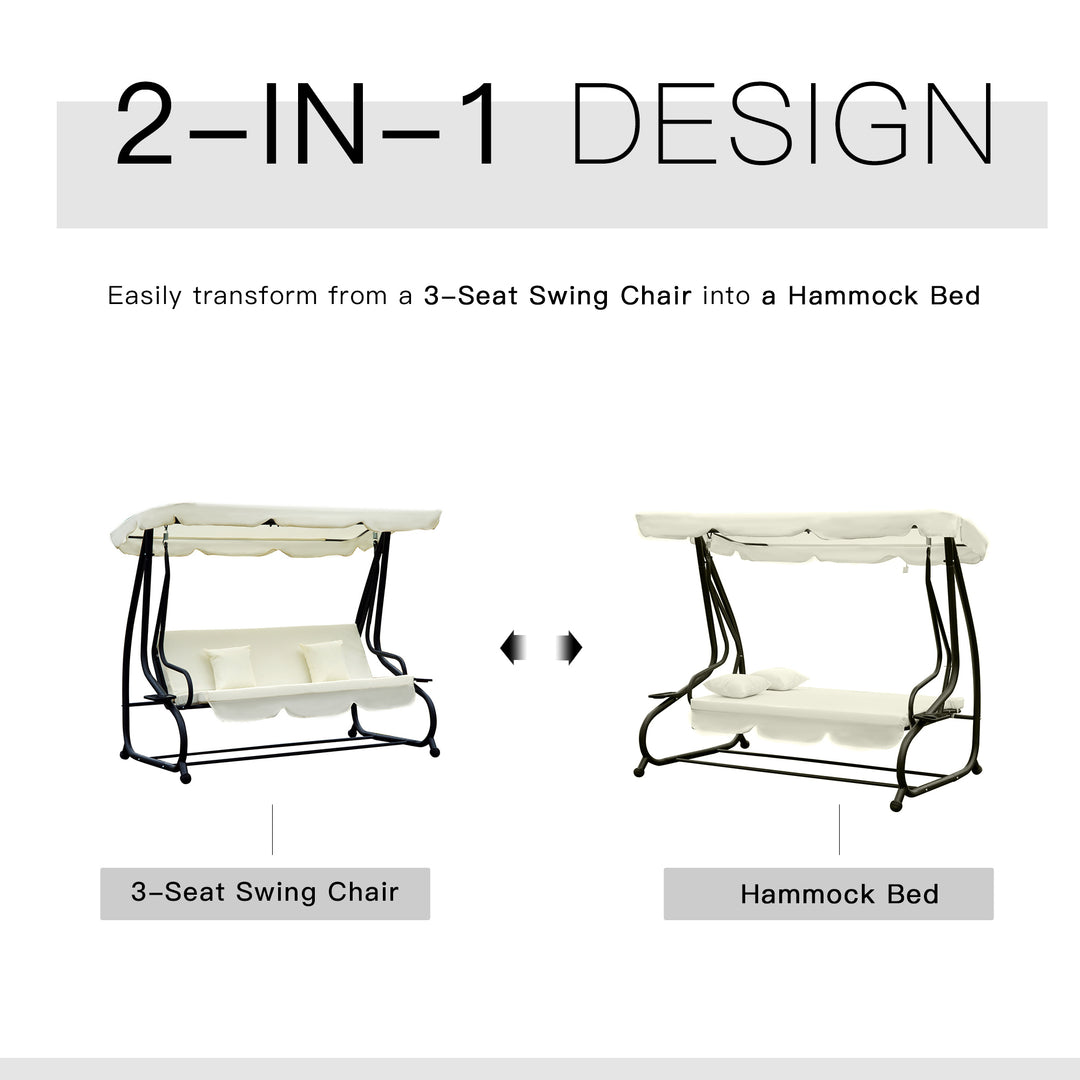 Outsunny 2-in-1 Garden Swing Seat Bed 3 Seater Swing Chair Hammock Bench Bed with Tilting Canopy and 2 Cushions, Cream White | Aosom UK