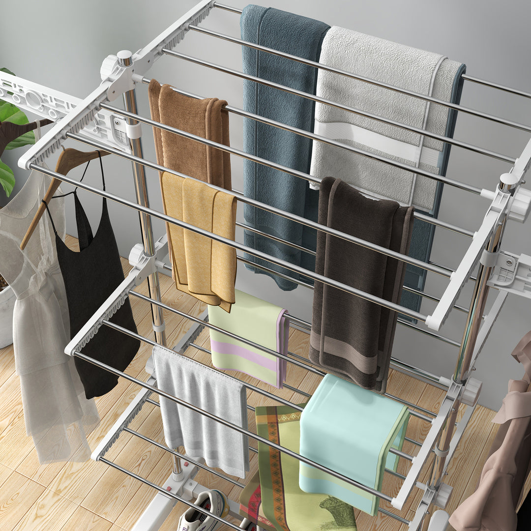 3-Tier Clothes Airer, Stainless Steel Foldable Clothes Drying Rack with Wheels and Wings, Indoor and Outdoor, Easy Assembly, 142 x 55 x 152cm, White