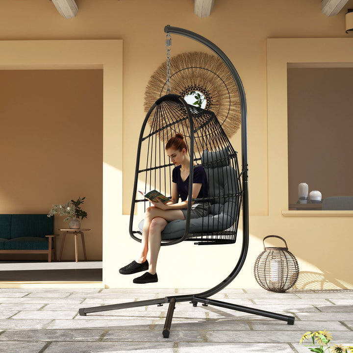 Hanging Egg Chair, Foldable Rattan Garden Swing Chair with Installation Kit, Thickened Cushion and Headrest, Indoor Outdoor Hanging Egg Basket Seat for Patio, Porch, Dark Grey
