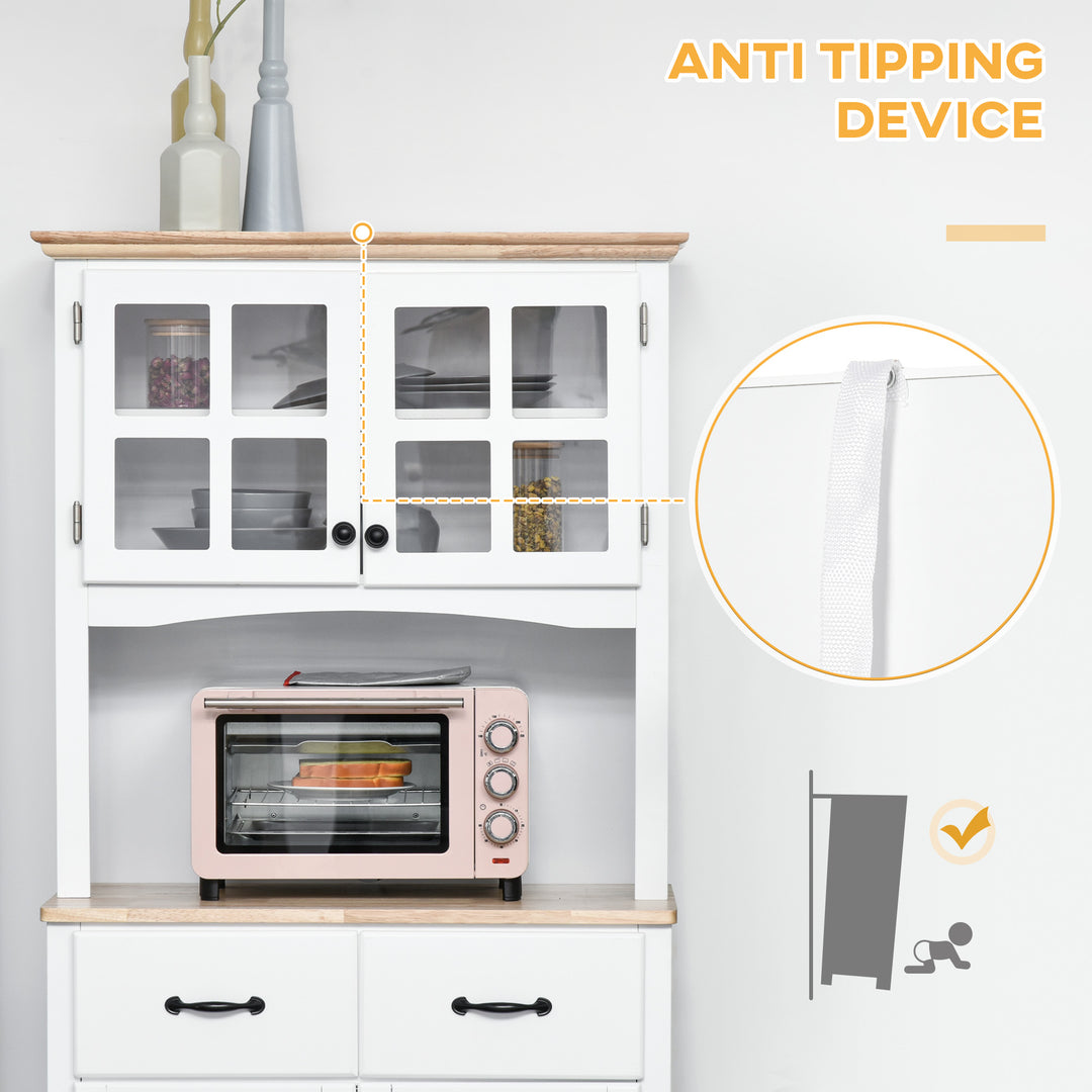 MCL Freestanding Kitchen Cupboard, Kitchen Storage Cabinet with Framed Glass Doors, 2 Drawers, Microwave Counter, White