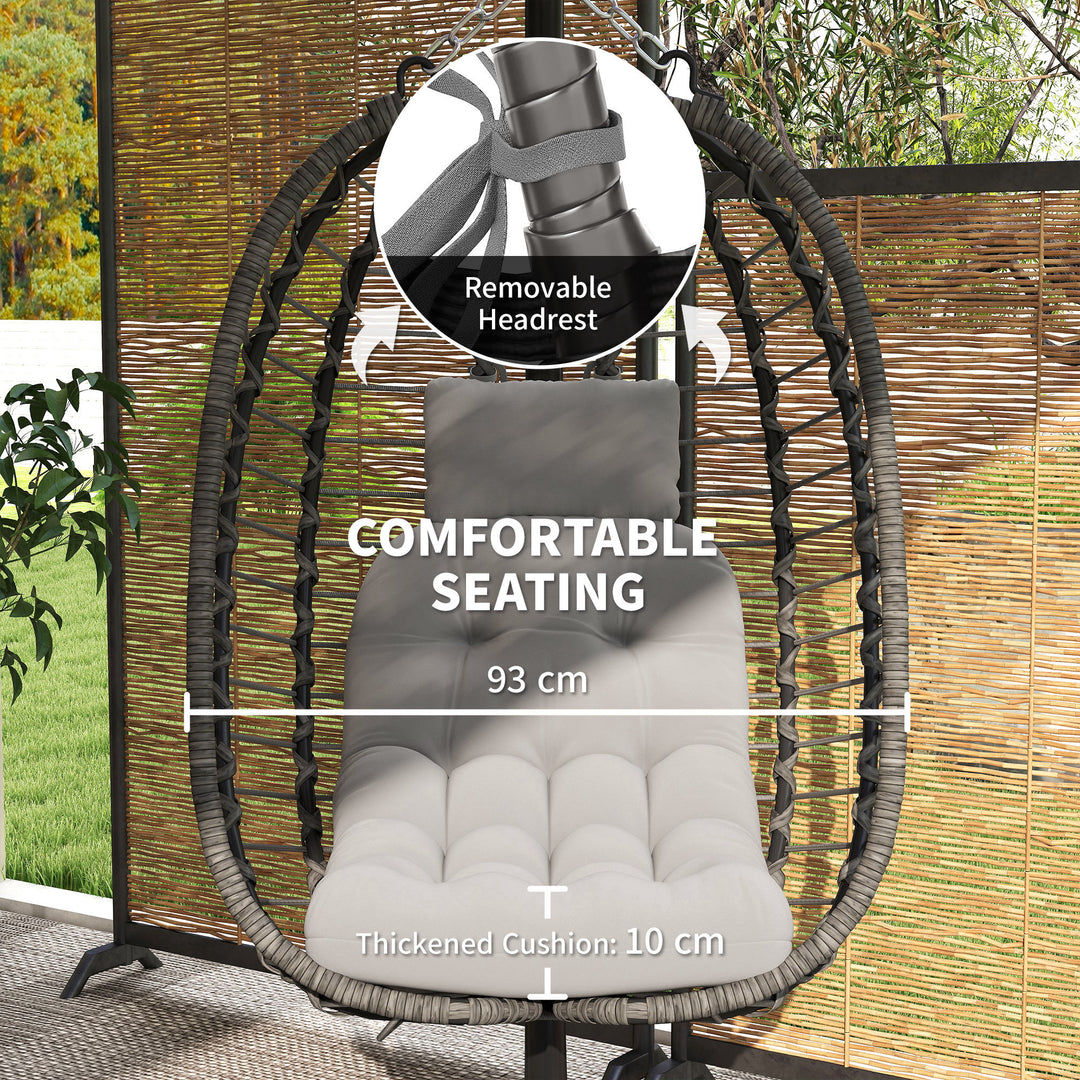 Rattan Hanging Egg Chair, Foldable Wicker Hammock Swing Chair with Cushion, Stand, Adjustable Height, Head Pillow, Steel Frame for Garden Patio Indoor Outdoor, Light Grey