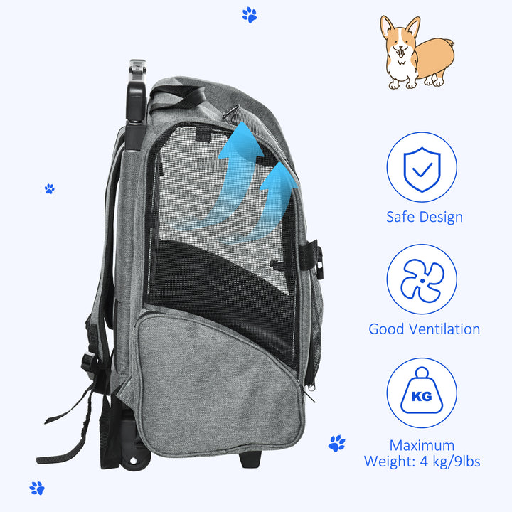 Pet Travel Backpack Bag Cat Puppy Dog Carrier w/ Trolley and Telescopic Handle Portable Stroller Wheel Luggage Bag (Grey)