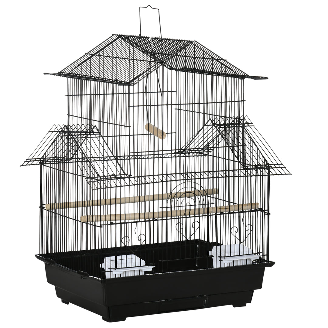 MCL Metal Bird Cage with Plastic Swing Perch Food Container Tray Handle for Finch Canary Budgie 43.5 x 33 x 63 cm, Black