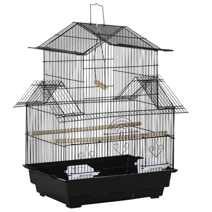 MCL Metal Bird Cage with Plastic Swing Perch Food Container Tray Handle for Finch Canary Budgie 43.5 x 33 x 63 cm, Black