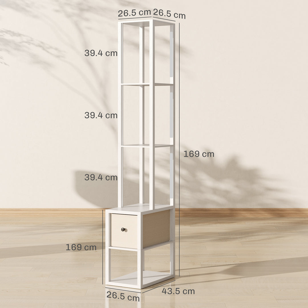 Floor Lamp with Shelves, LED Column Modern Standing Lamp with Fabric Drawer, Adjustable Brightness, Foot Switch for Living Room, Bedroom, Office, White
