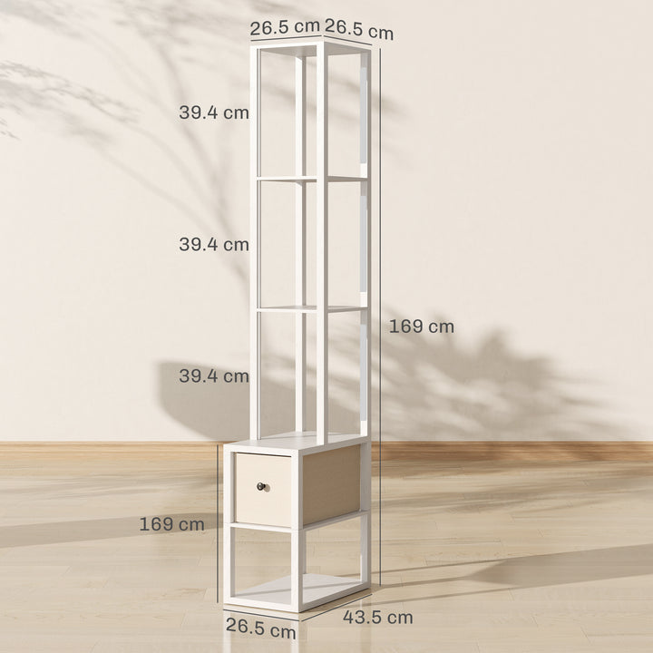 Floor Lamp with Shelves, LED Column Modern Standing Lamp with Fabric Drawer, Adjustable Brightness, Foot Switch for Living Room, Bedroom, Office, White