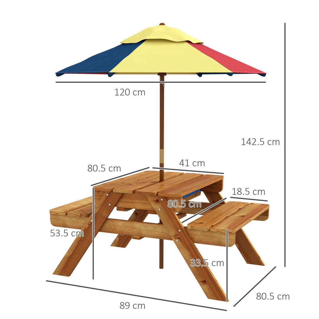 Outsunny Kids Picnic Table Set, 3 in 1 Sand Pit Activity Table, Kids Garden Furniture w/ Removable Parasol, for 3