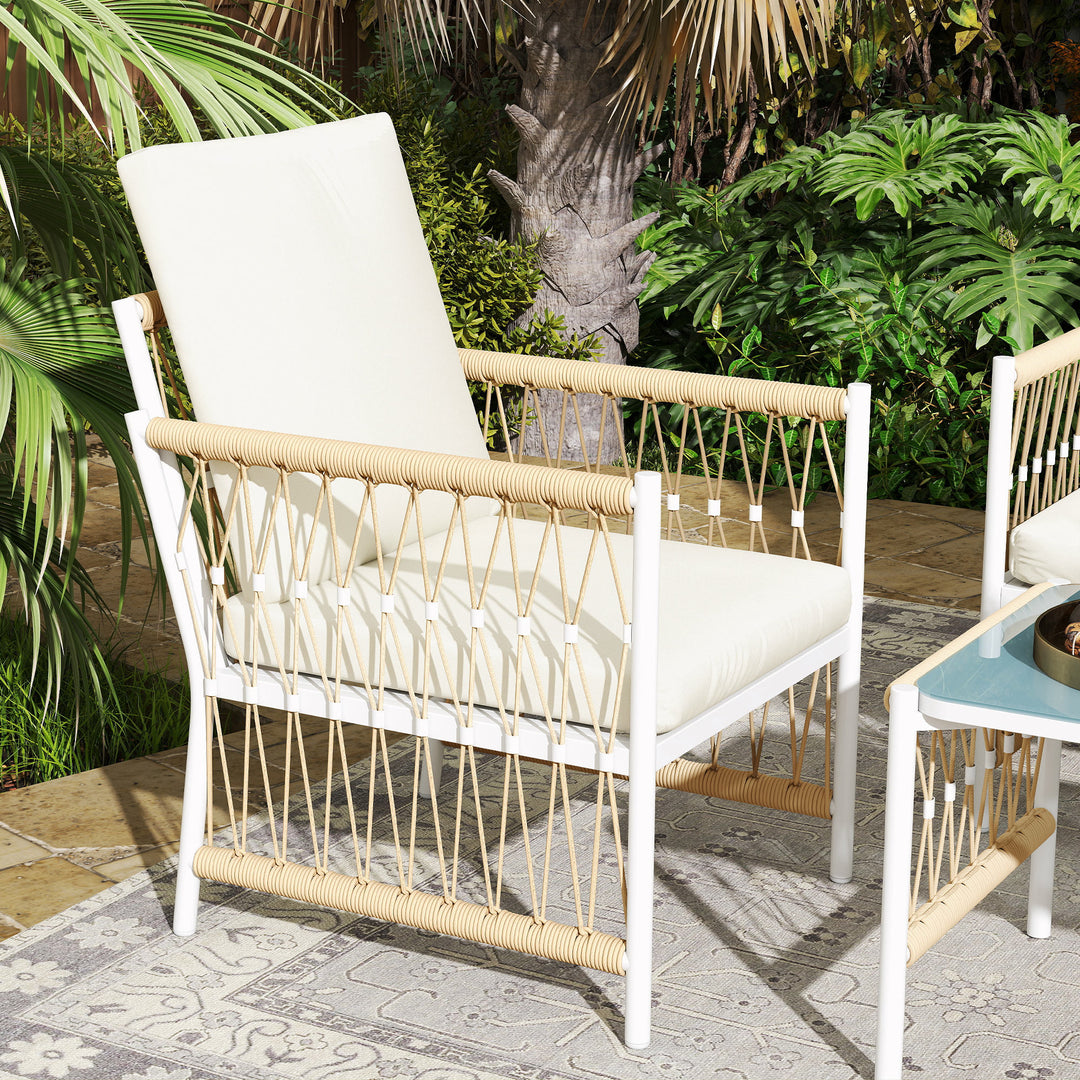 4 Piece Rattan Garden Furniture Set, 4 Seater Wicker Patio Conversation Set with 2 Armchairs, Loveseat, Glass Top Coffee Table and Cushions for Outdoor, Balcony, Khaki