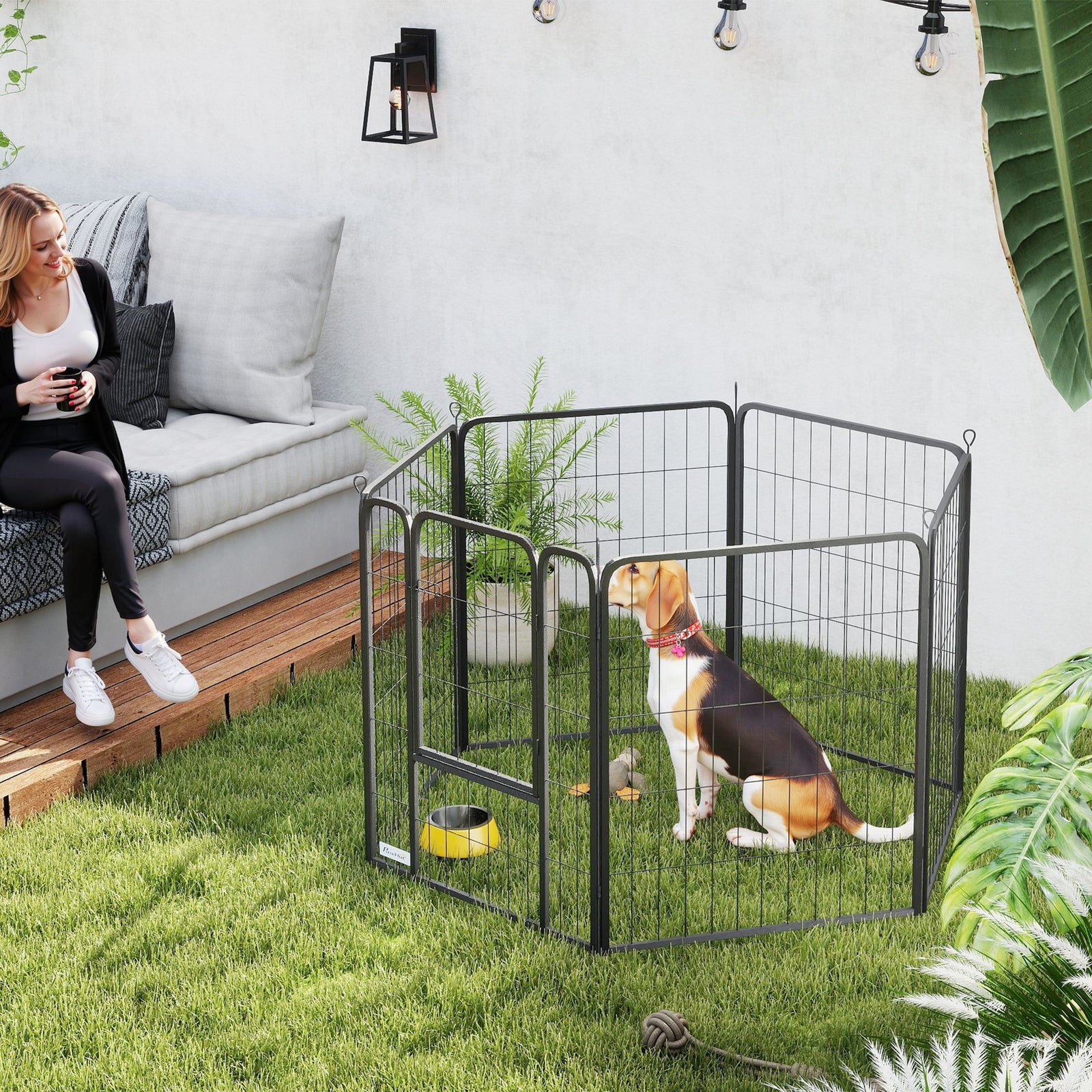 Six-Panel Dog Playpen with Door, for Medium Dogs, Indoors, Outdoors, 80cm Tall, Black