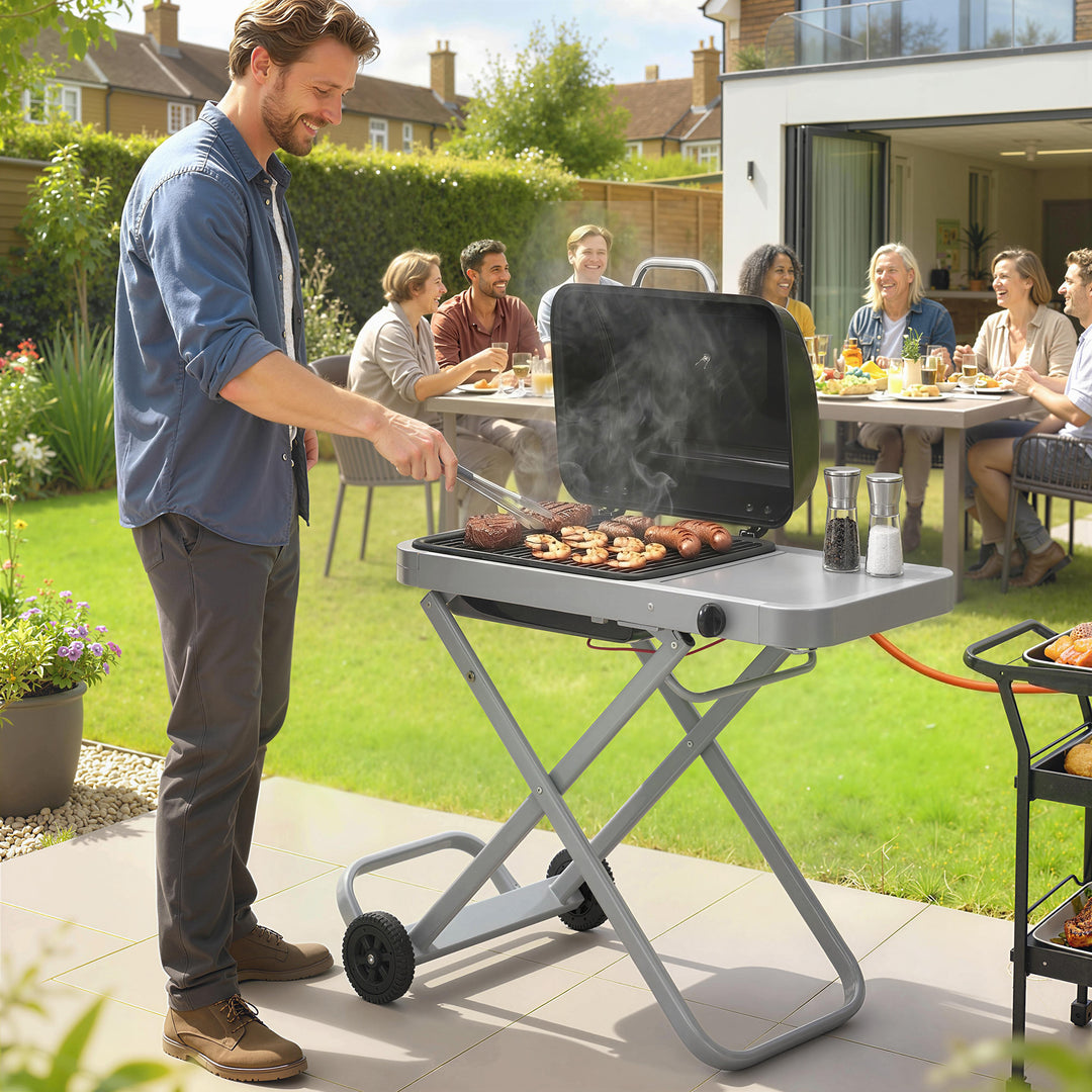 Foldable Gas BBQ Grill with Side Table, Portable Gas Barbecue Grill wi