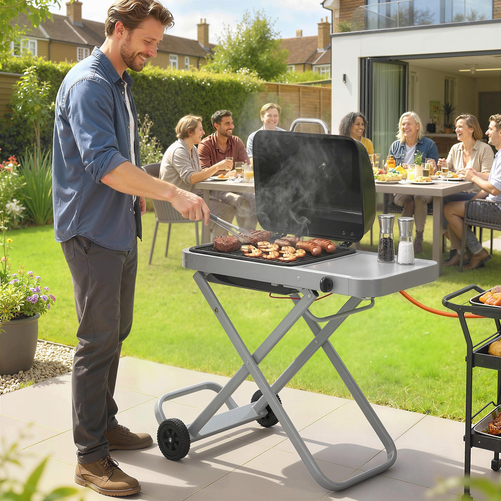 Foldable Gas BBQ Grill with Side Table, Portable Gas Barbecue Grill wi