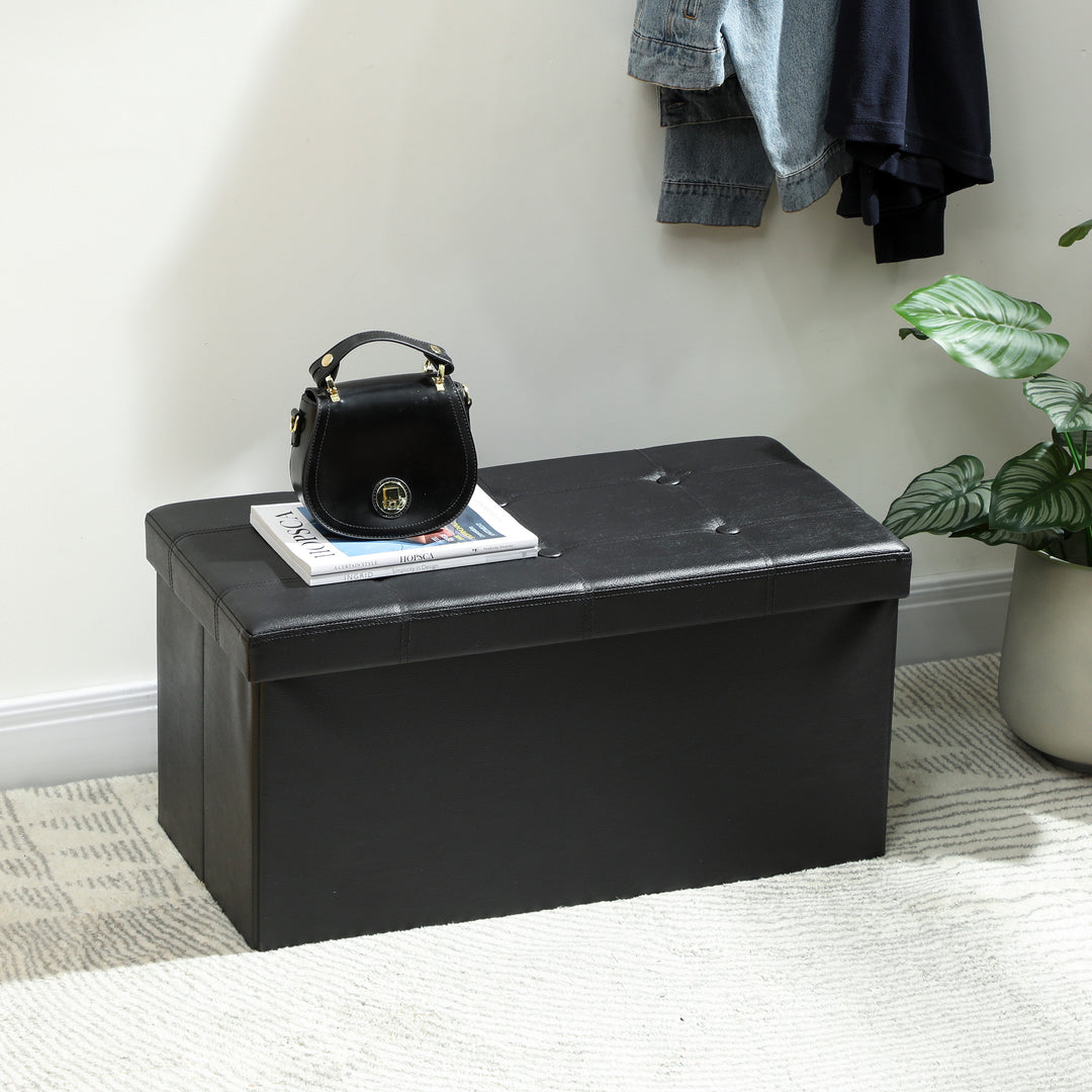 MCL Storage Ottoman Bench, 89L PU Leather Folding Foot Rest Stool, End of Bed Bench, Easy Assembly, for Living Room, Bedroom, Entryway, Black