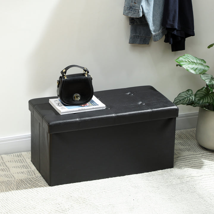 MCL Storage Ottoman Bench, 89L PU Leather Folding Foot Rest Stool, End of Bed Bench, Easy Assembly, for Living Room, Bedroom, Entryway, Black