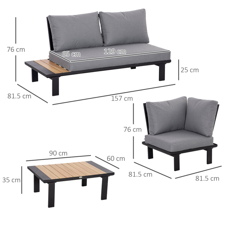 Outsunny 4 Pieces Aluminium Garden Furniture Set L Shape Sofa Set with Tables, Cushions for Indoor, Garden, Patio, Dark Grey