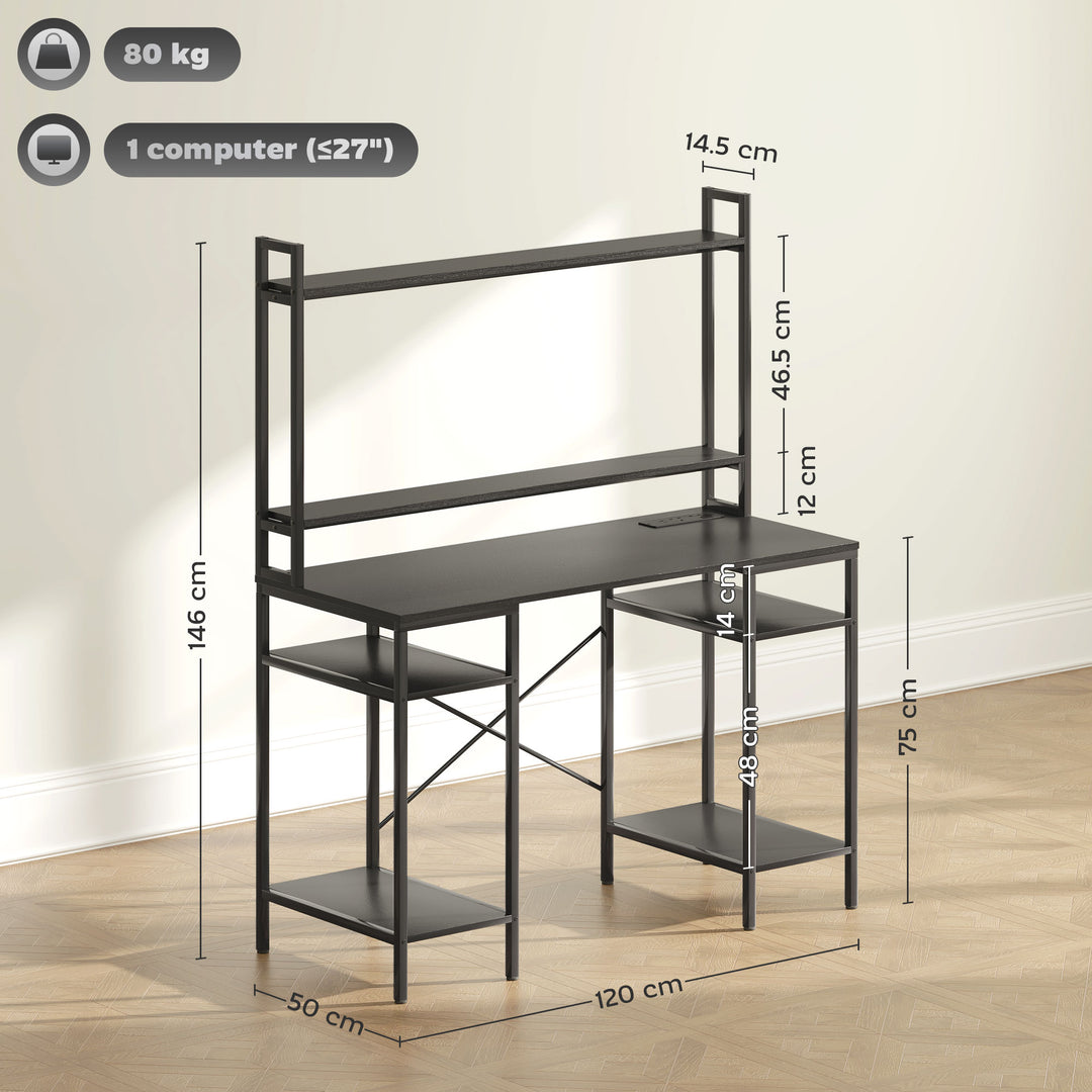 Computer Desk with Power Outlets and LED Lights, Home Office Desk with Monitor Stand, 2 CPU Stands and Storage Shelves, Study Table Gaming Desk with Hutch, Black