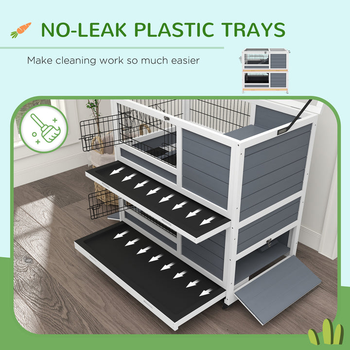 Double Deckers Guinea Pig Cage, Indoor Rabbit Hutch with Feeding Trough, Trays, Ramps, Openable Top - Grey