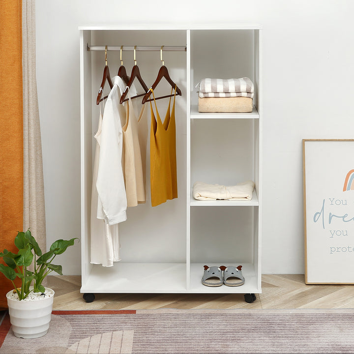 MCL Open Wardrobe on Wheels, Bedroom Wardrobe with Clothes Hanging Rail, 3 Storage Shelves, Mobile Garment Rack for Cloakroom, Hallway, White