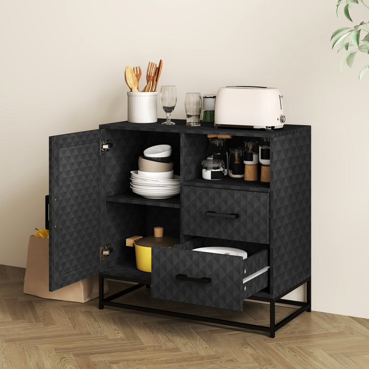 Sideboard with Adjustable Shelf, Freestanding Sideboard Storage Cabinet with Open Compartment and 2 Drawers, Black