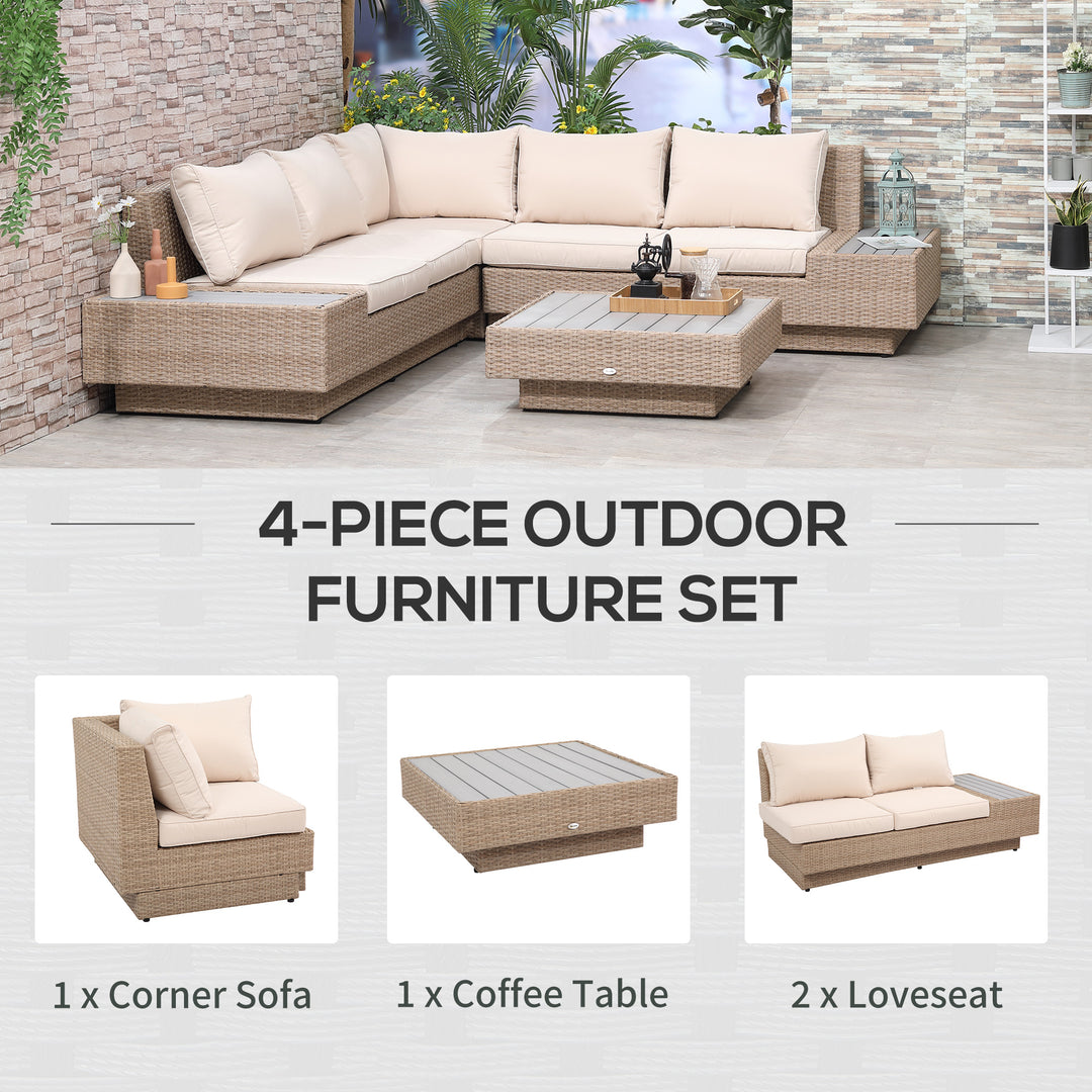 4 Pieces Rattan Garden Furniture Set, Garden Corner Sofa with Side Trays, Wicker Conservatory Furniture Set with Loveseats, Slatted Plastic Top Coffee Table and Cushions, Beige