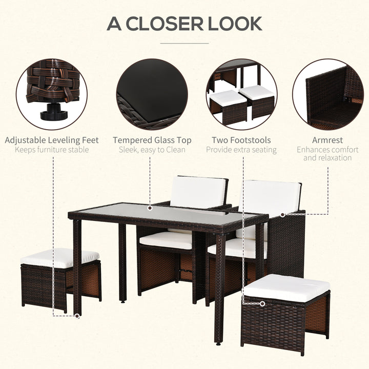 MCL 2 Seater Rattan Cube Garden Furniture Set, Rattan Dining Set with Cushions, Outdoor Dining Table and Chairs with 2 Armchairs, 2 Stools, Rectangular Glass Top Table for Patio, Balcony, Brown