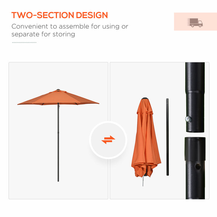 2m Garden Parasol Umbrella, Outdoor Sun Shade with 6 Sturdy Ribs for Balcony, Bench, Garden, Orange