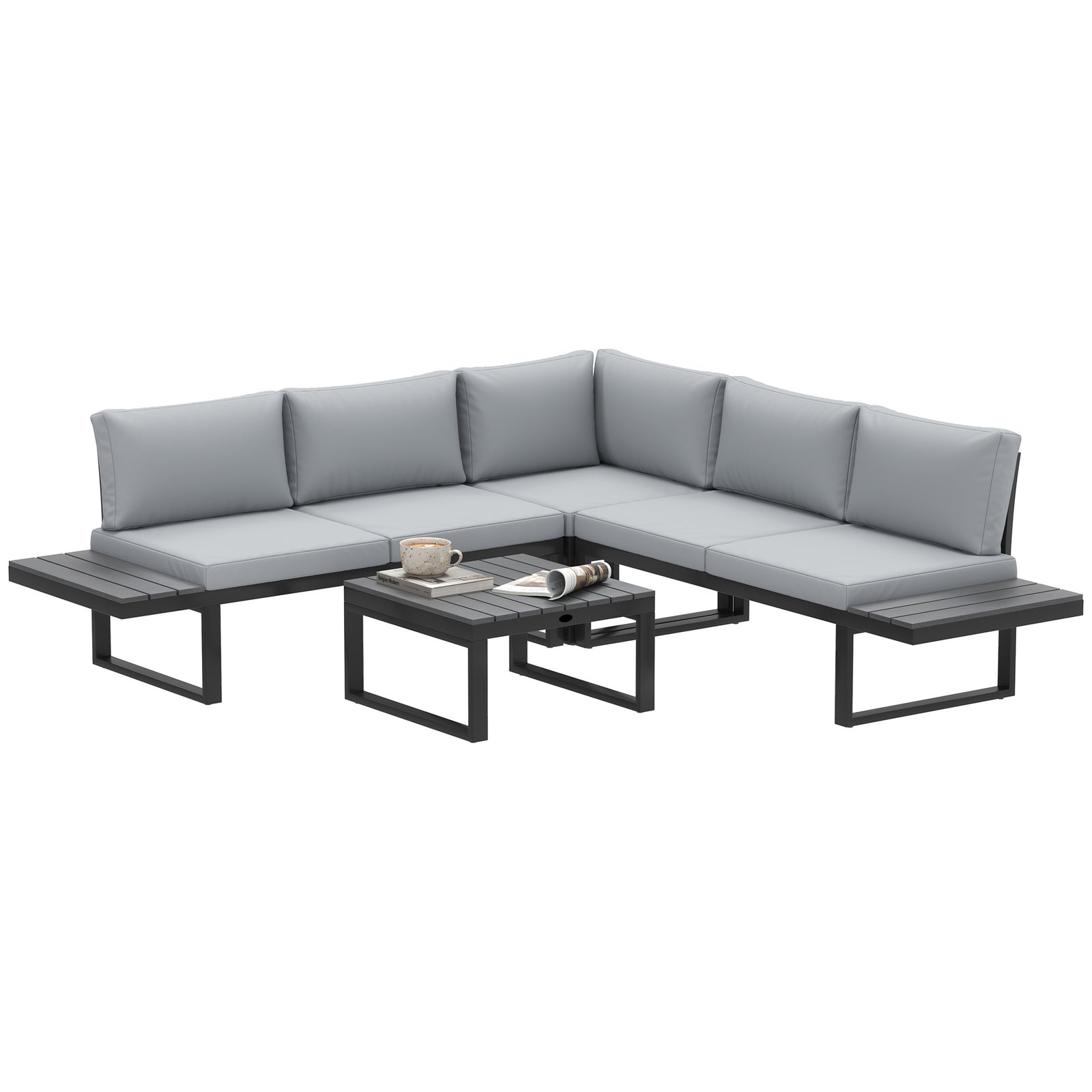 4 Pieces Garden Furniture Set, 5-Level Reclining Garden Corner Sofa Set, Outdoor Lounge Conversation Sectional with Cushions, Wood Effect Plastic Table, Black Frame & Light Grey Cushion