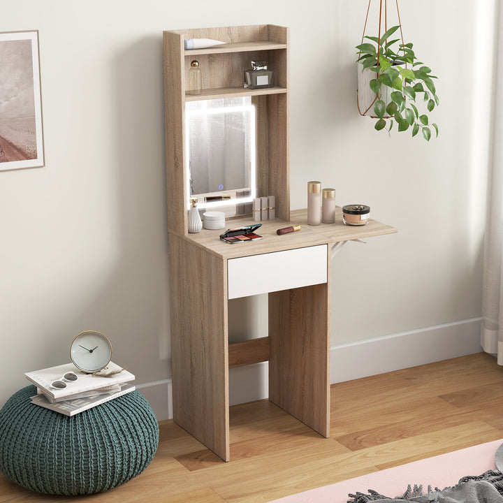 Small Vanity Desk with Mirror and LED Lights, Compact Dressing Table w