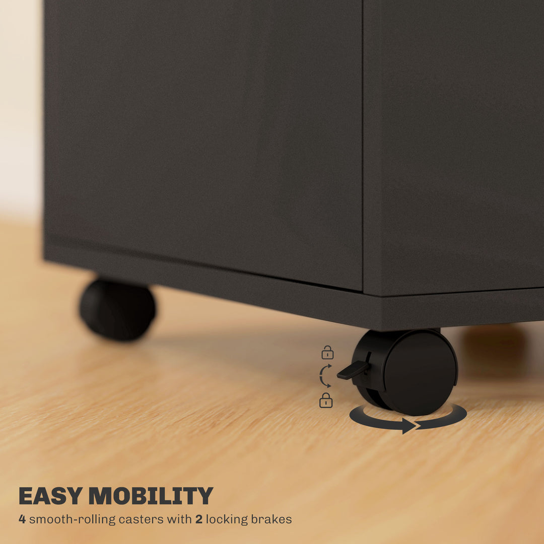 60cm Filing Cabinet with Drawer, Open Shelf, Metal Handles and 4 Wheels, Office Home Organiser Mobile Printer with Two Locks, Black