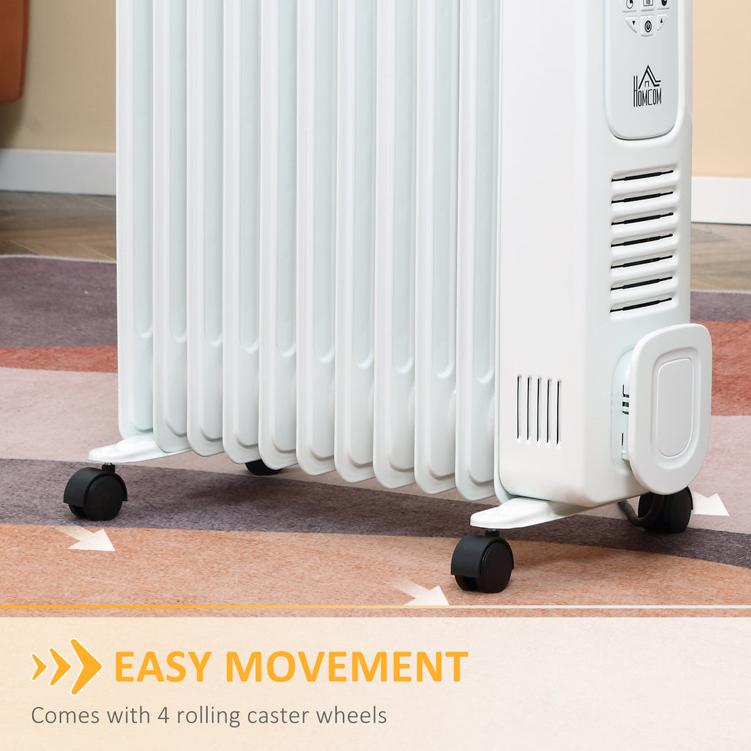 2500W Digital Display Oil Filled Radiator, 11 Fin Portable Electric Heater with Timer, Adjustable Thermostat, Three Heat Settings, Safety Cut Off, Remote, White