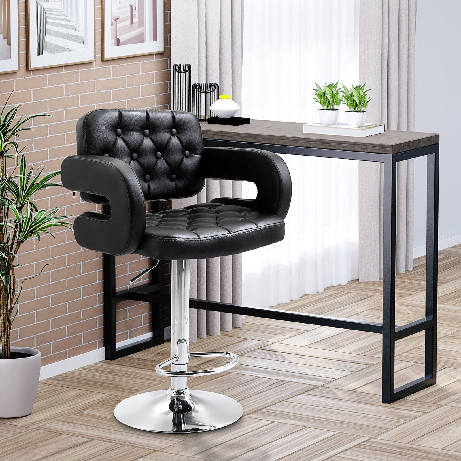 PU Leather Upholstered Swivel Bar Stool, Height Adjustable with Back, Armrest, Footrest, Black