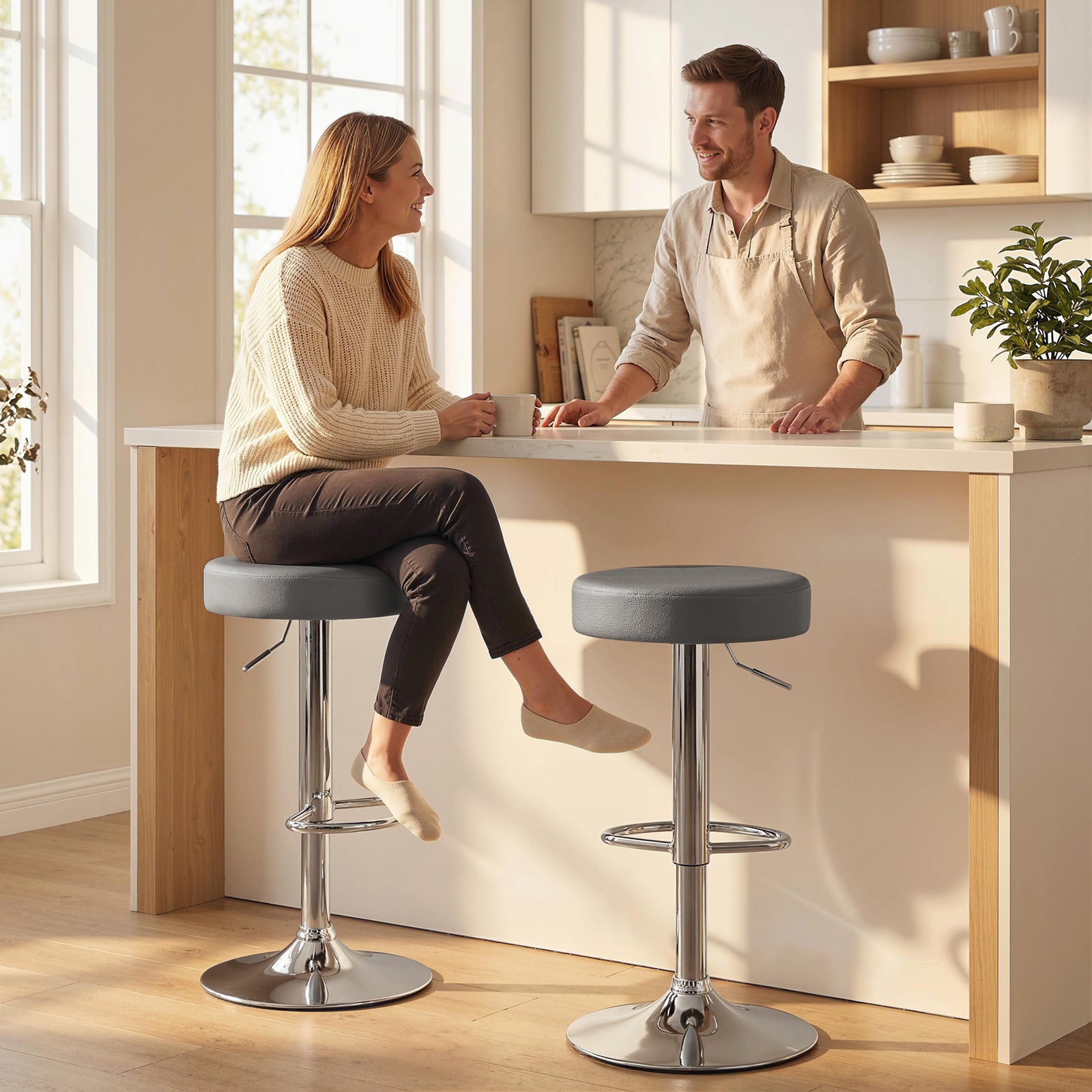 Bar Stools Set of 2, Modern PU Leather Swivel Barstools, Height Adjust