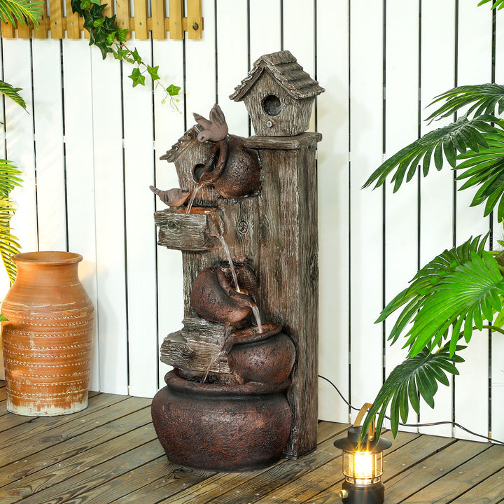 2-in-1 Waterfall Fountain with Birdhouse, Resin Garden Water Fountain with LED Lights Pump, Cascading Garden Water Feature with Tree Trunk Design, Multi-colour