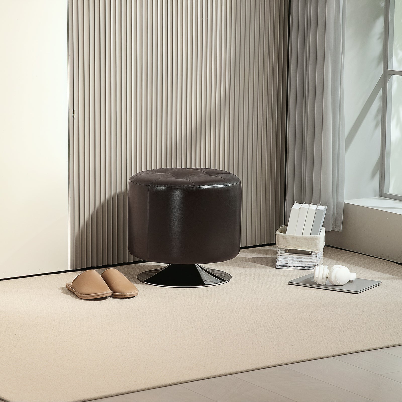 360° Swivel Foot Stool Round PU Footstool with Thick Sponge Padding and Solid Steel Base, Brown