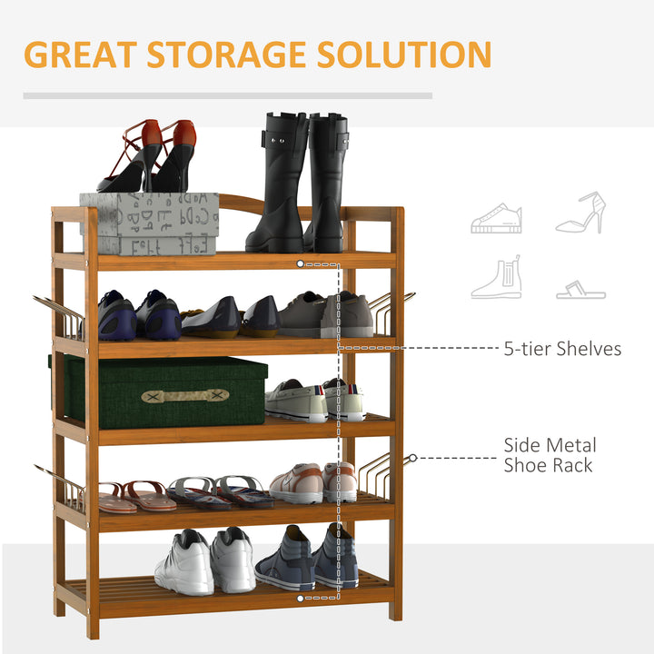 5-Tier Shoe Rack, Acacia Wooden Shoe Storage Organiser with Hangers, Holds up to 19 Pairs, for Entryway, Living Room, 64 x 26 x 82 cm, Teak
