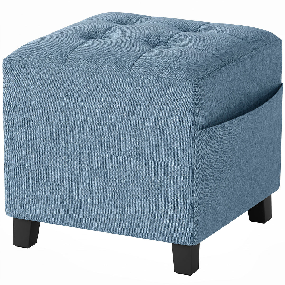Small Ottoman, Square Footstool with Side Pocket, Rubber Wood Legs and