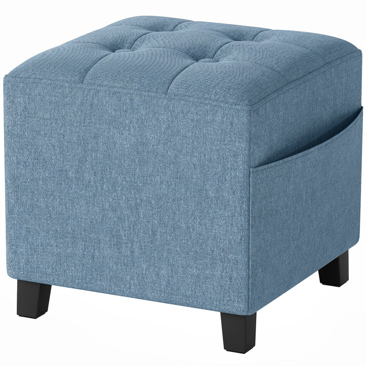 Small Ottoman, Square Footstool with Side Pocket, Rubber Wood Legs and
