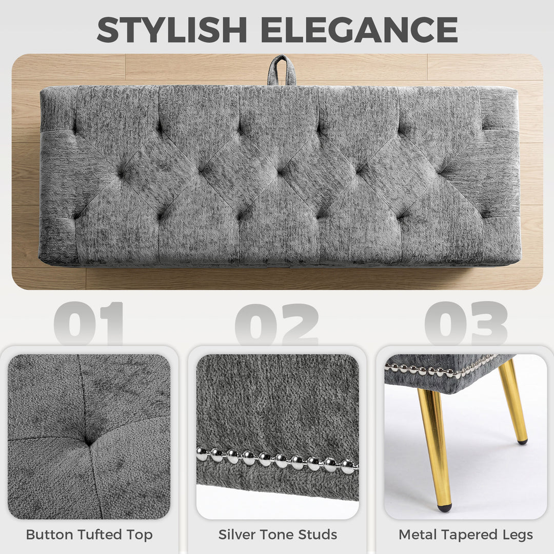 Storage Ottoman, Chenille Upholstered Ottoman Storage Box with Padded 