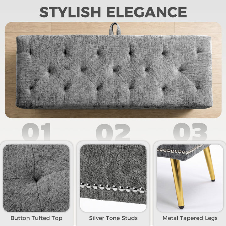 Storage Ottoman, Chenille Upholstered Ottoman Storage Box with Padded 