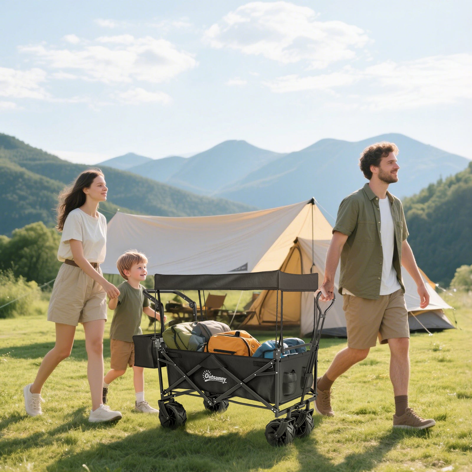 Folding Trolley Cart Storage Wagon Beach Trailer 4 Wheels with Handle Overhead Canopy Cart Push Pull for Camping, Black