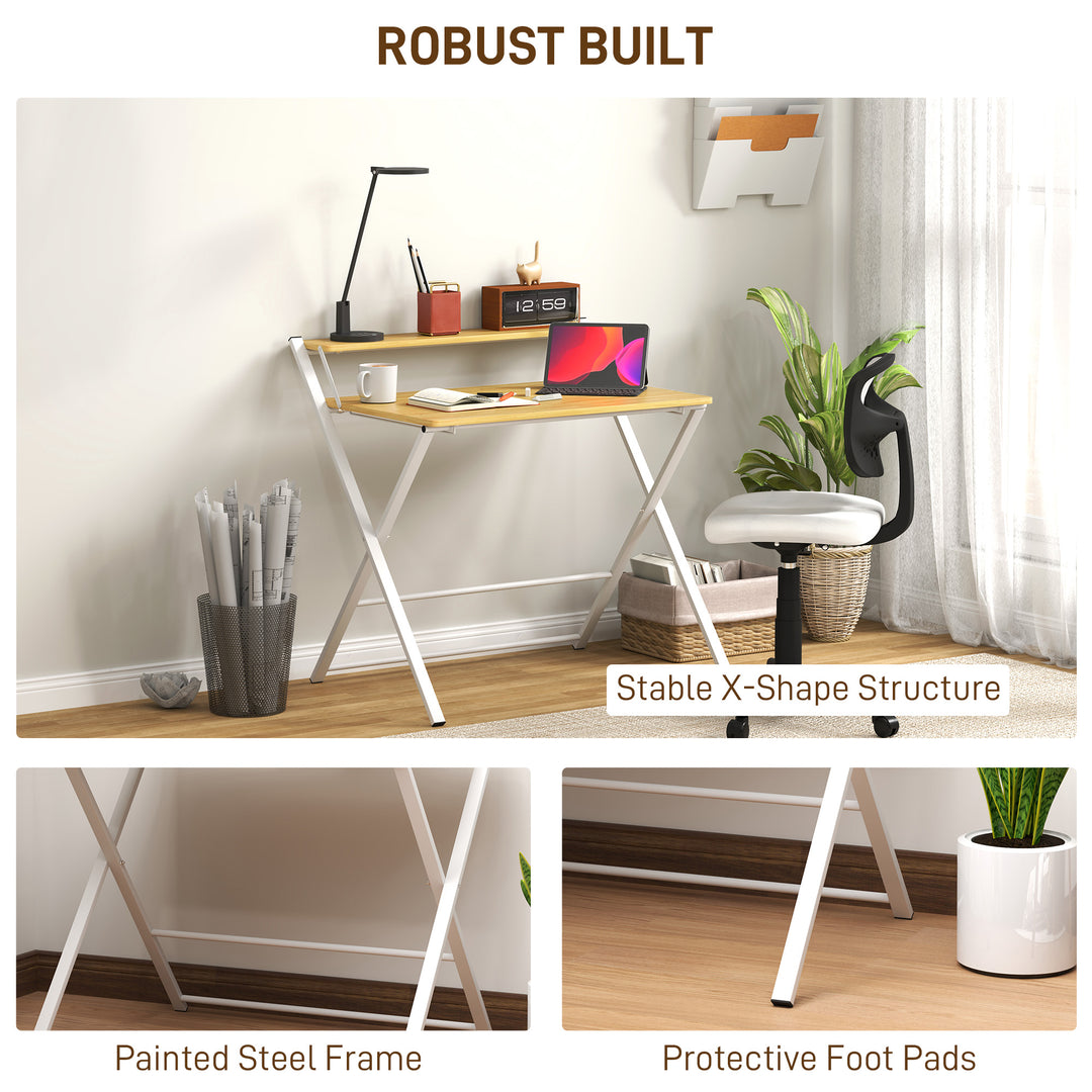 Compact Folding Desk for Small Spaces, Foldable Computer Desk with Storage Shelf for Home Office, 2-Tier Study Writing Table, 86 x 66 x 82 cm, Maple Wood-effect