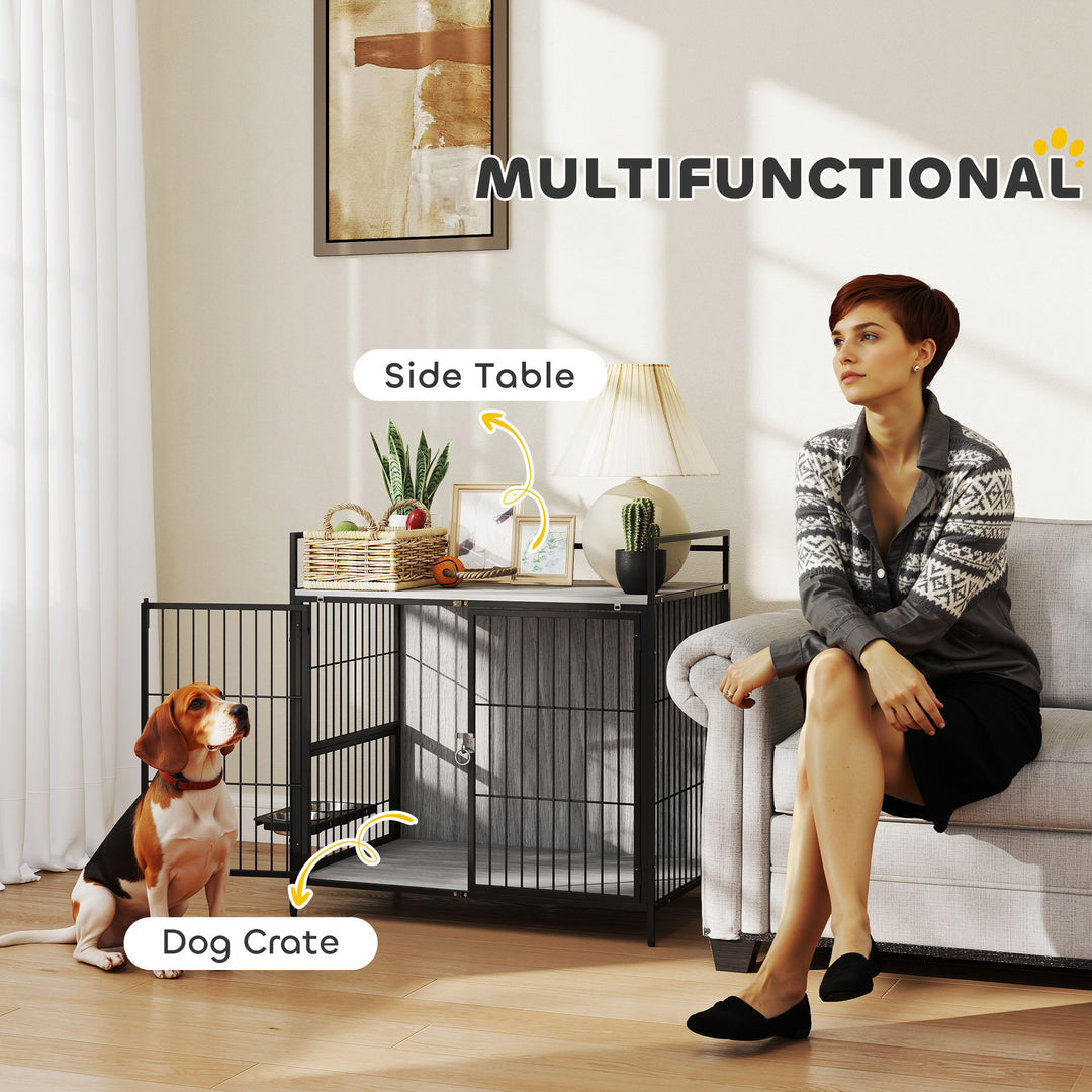 Dog Crate Furniture with Rotating Bowl Holder, 2 Bowls, 2 Doors, for Medium Dogs, 80 x 56 x 76.5 cm, Grey