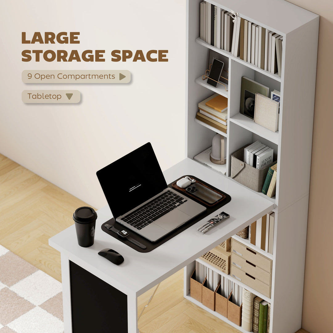 Wall Mounted Computer Desk, Folding Study Table with Black Board and Bookshelf, Multifunctional Floating Writing Desk for Home Office, White
