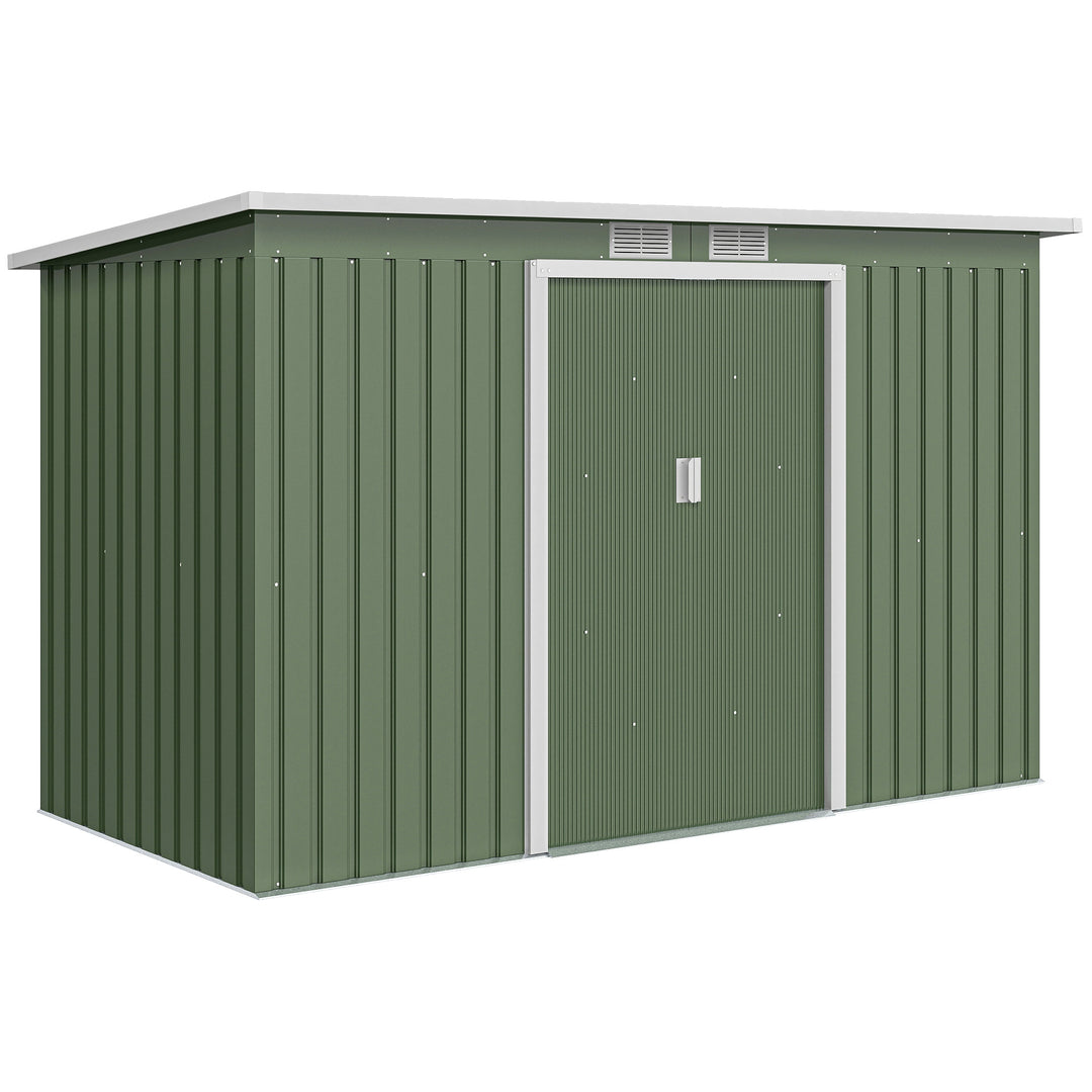MCL 9ft x 4ft Metal Garden Shed, Outdoor Tool House with Foundation Kit, Ventilations and Double Doors, Light Green