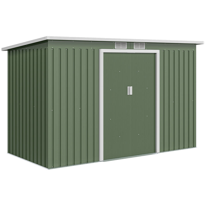 MCL 9ft x 4ft Metal Garden Shed, Outdoor Tool House with Foundation Kit, Ventilations and Double Doors, Light Green